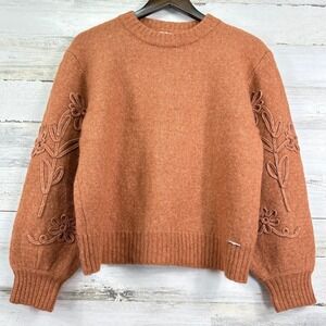 Elie Tahari Floral Embroidered Applique Wool Alpaca Blend Sweater‎ Rust Orange M